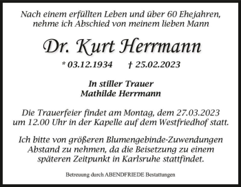 Traueranzeige von Dr. Kurt Herrmann  von Magdeburger Volksstimme
