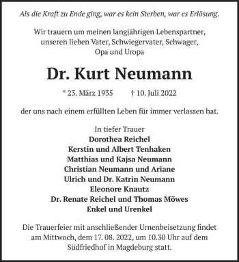 Traueranzeige von Dr. Kurt Neumann  von Magdeburger Volksstimme