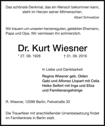 Traueranzeige von Dr. Kurt Wiesner  von Magdeburger Volksstimme