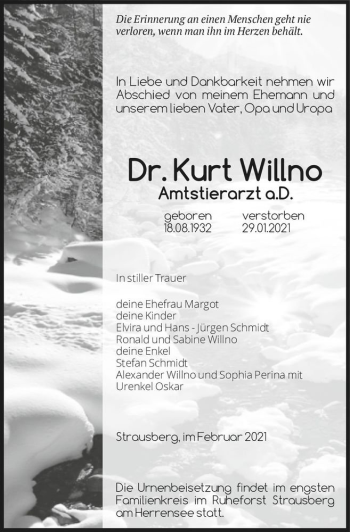 Traueranzeige von Dr. Kurt Willno  von Magdeburger Volksstimme