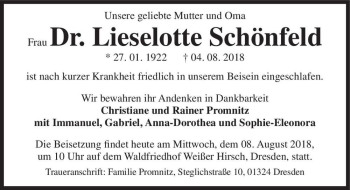 Traueranzeige von Dr. Lieselotte Schönfeld  von Magdeburger Volksstimme