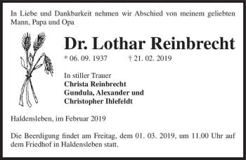 Traueranzeige von Dr. Lothar Reinbrecht  von Magdeburger Volksstimme