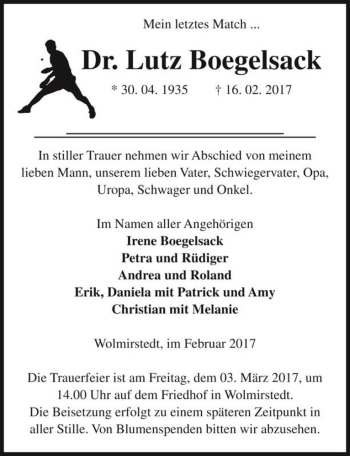 Traueranzeige von Dr. Lutz Boegelsack  von Magdeburger Volksstimme