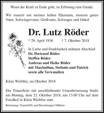 Traueranzeige von Dr. Lutz Röder  von Magdeburger Volksstimme