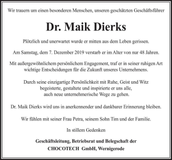 Traueranzeige von Dr. Maik Dierks  von Magdeburger Volksstimme