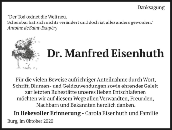 Traueranzeige von Dr. Manfred Eisenhuth  von Magdeburger Volksstimme
