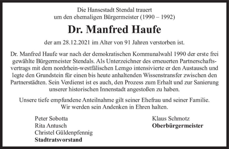  Traueranzeige für Dr. Manfred Haufe  vom 08.01.2022 aus Magdeburger Volksstimme