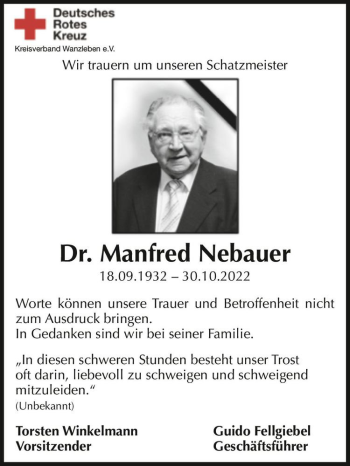 Traueranzeige von Dr. Manfred Nebauer  von Magdeburger Volksstimme