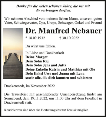Traueranzeige von Dr. Manfred Nebauer  von Magdeburger Volksstimme