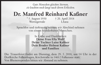 Traueranzeige von Dr. Manfred Reinhard Kaßner  von Magdeburger Volksstimme