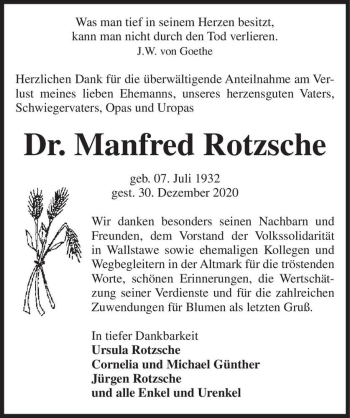 Traueranzeige von Dr. Manfred Rotzsche  von Magdeburger Volksstimme