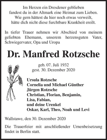 Traueranzeige von Dr. Manfred Rotzsche  von Magdeburger Volksstimme