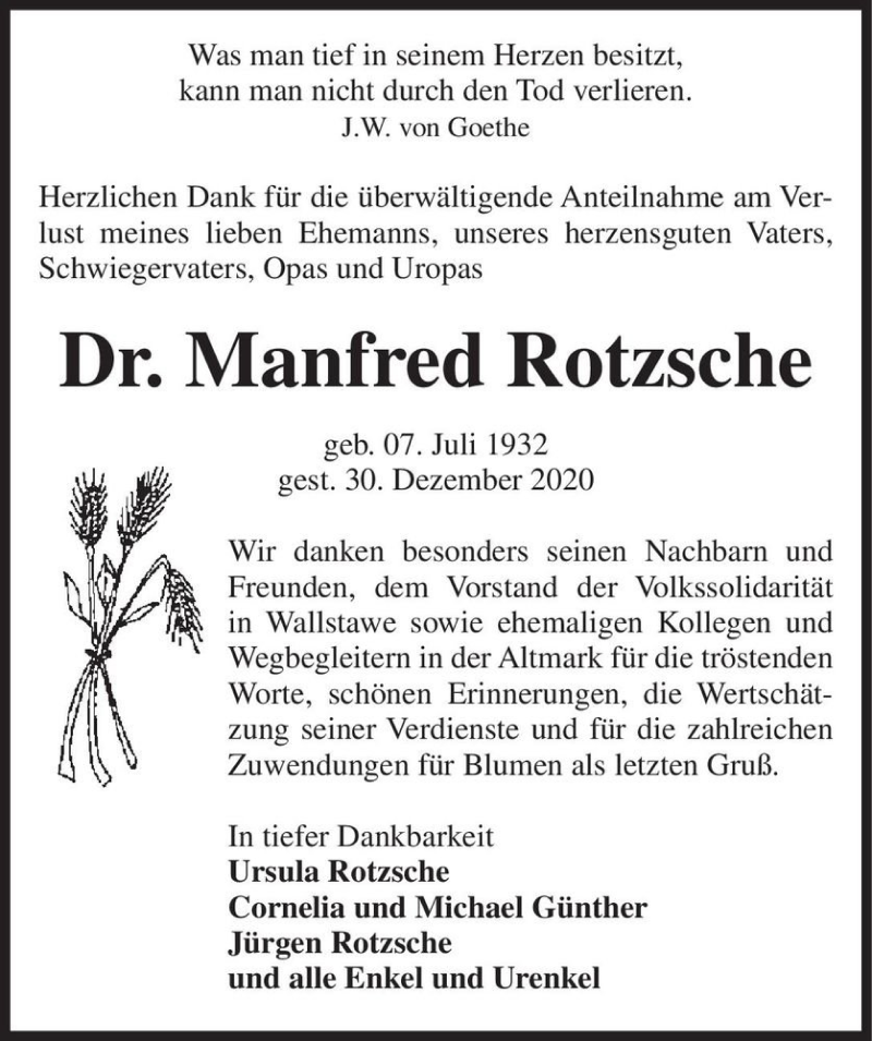  Traueranzeige für Dr. Manfred Rotzsche  vom 30.01.2021 aus Magdeburger Volksstimme