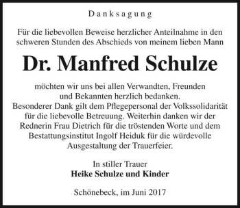 Traueranzeige von Dr. Manfred Schulze  von Magdeburger Volksstimme