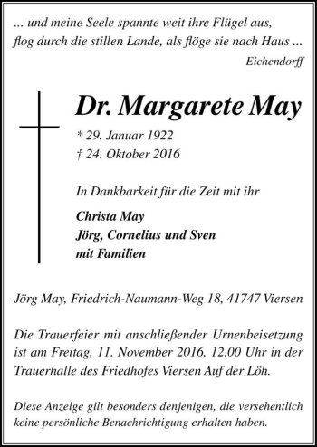 Traueranzeige von Dr. Margarete May  von Magdeburger Volksstimme