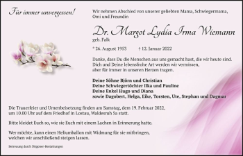 Traueranzeige von Dr. Margot Lydia Irma Wiemann (geb. Falk)  von Magdeburger Volksstimme