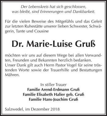 Traueranzeige von Dr. Marie-Luise Gruß  von Magdeburger Volksstimme