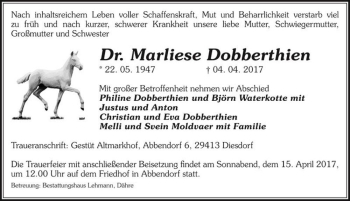 Traueranzeige von Dr. Marliese Dobberthien  von Magdeburger Volksstimme