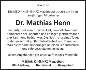 Traueranzeige von Dr. Mathias Henn  von Magdeburger Volksstimme
