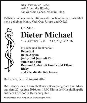 Traueranzeige von Dr. Med. Dieter Michael  von Magdeburger Volksstimme