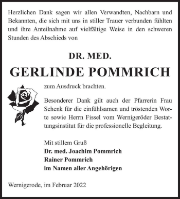 Traueranzeige von Dr. Med. Gerlinde Pommrich  von Magdeburger Volksstimme
