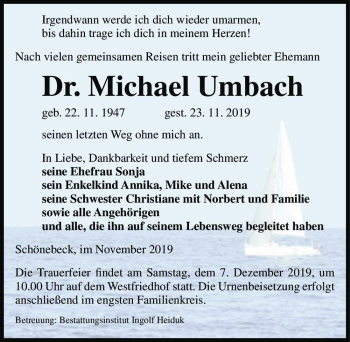Traueranzeige von Dr. Michael Umbach  von Magdeburger Volksstimme