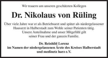 Traueranzeige von Dr. Nikolaus von Rüling  von Magdeburger Volksstimme