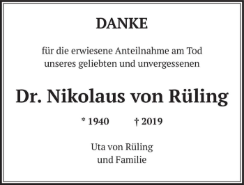 Traueranzeige von Dr. Nikolaus von Rüling  von Magdeburger Volksstimme