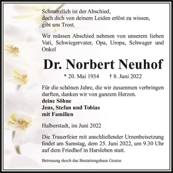 Traueranzeige von Dr. Norbert Neuhof  von Magdeburger Volksstimme