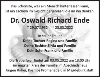 Traueranzeige von Dr. Oswald Richard Ende  von Magdeburger Volksstimme