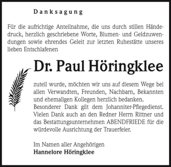 Traueranzeige von Dr. Paul Höringklee  von Magdeburger Volksstimme