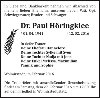 Traueranzeige von Dr. Paul Höringklee  von Magdeburger Volksstimme
