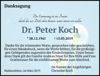 Traueranzeige von Dr. Peter Koch  von Magdeburger Volksstimme