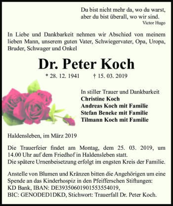 Traueranzeige von Dr. Peter Koch  von Magdeburger Volksstimme