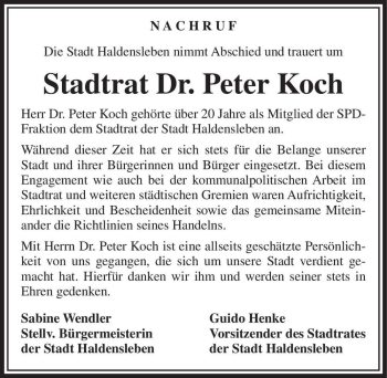 Traueranzeige von Dr. Peter Koch  von Magdeburger Volksstimme