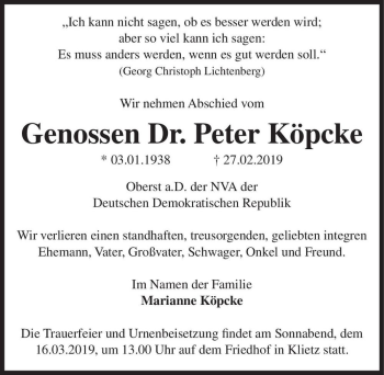 Traueranzeige von Dr. Peter Köpcke  von Magdeburger Volksstimme
