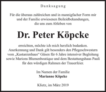 Traueranzeige von Dr. Peter Köpcke  von Magdeburger Volksstimme