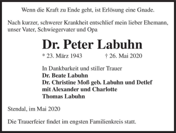 Traueranzeige von Dr. Peter Labuhn  von Magdeburger Volksstimme