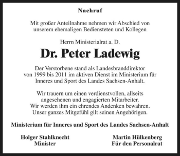 Traueranzeige von Dr. Peter Ladewig  von Magdeburger Volksstimme