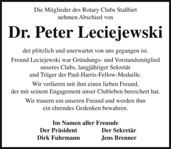 Traueranzeige von Dr. Peter Leciejewski  von Magdeburger Volksstimme