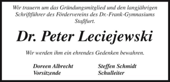 Traueranzeige von Dr. Peter Leciejewski  von Magdeburger Volksstimme
