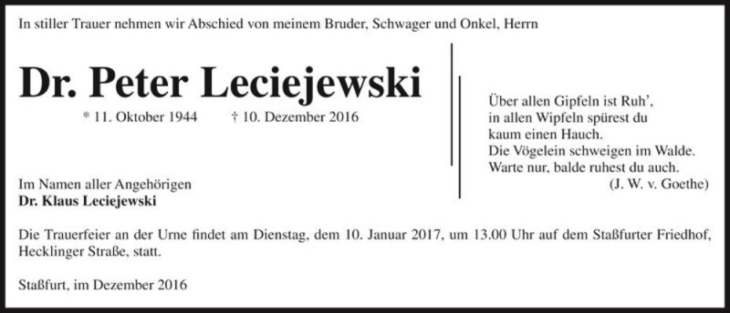  Traueranzeige für Dr. Peter Leciejewski  vom 17.12.2016 aus Magdeburger Volksstimme