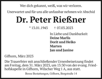 Traueranzeige von Dr. Peter Rießner  von Magdeburger Volksstimme
