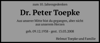 Traueranzeige von Dr. Peter Toepke  von Magdeburger Volksstimme