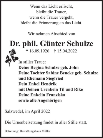 Traueranzeige von Dr. Phil. Günter Schulze  von Magdeburger Volksstimme
