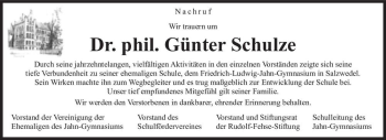 Traueranzeige von Dr. Phil. Günter Schulze  von Magdeburger Volksstimme