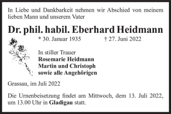 Traueranzeige von Dr. Phil. Habil. Eberhard Heidmann  von Magdeburger Volksstimme