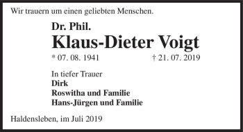 Traueranzeige von Dr. Phil. Klaus-Dieter Voigt  von Magdeburger Volksstimme