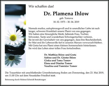 Traueranzeige von Dr. Plamena Ihlow (geb. Tomova)  von Magdeburger Volksstimme