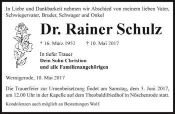 Traueranzeige von Dr. Rainer Schulz  von Magdeburger Volksstimme
